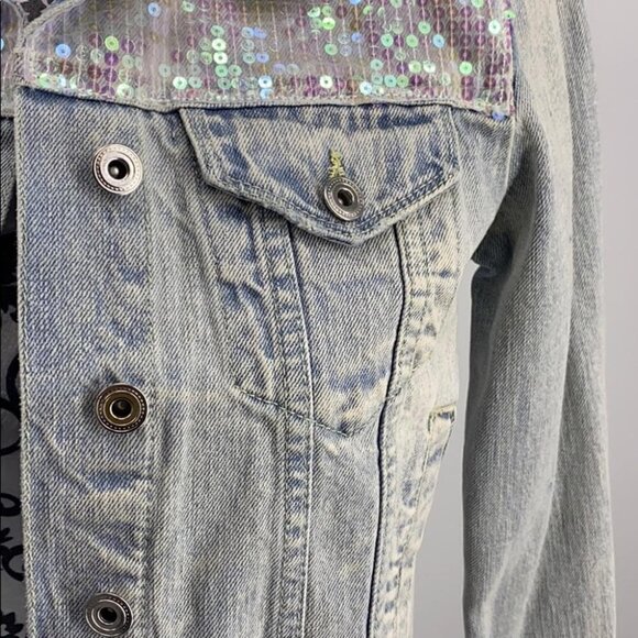 Sunset & Spring “Mermaid” Light Wash Sequin Denim Jacket, Size XS - Picture 8 of 13